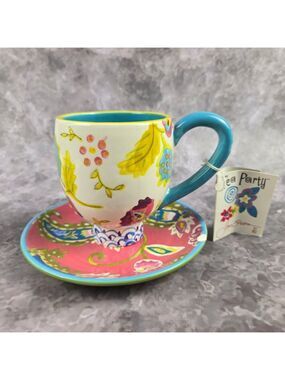 Tea Party by Joyce Shelton Cup & Saucer Colorful Floral Paisley Pattern Ceramic